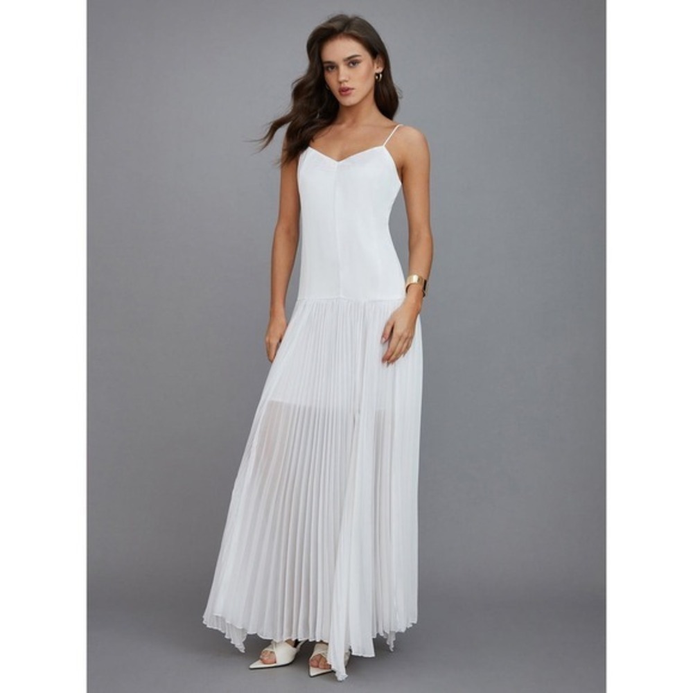 Commense Semi-Sheer‎  Maxi Dress White Flowy Pleated Party Wedding Guest Gown S